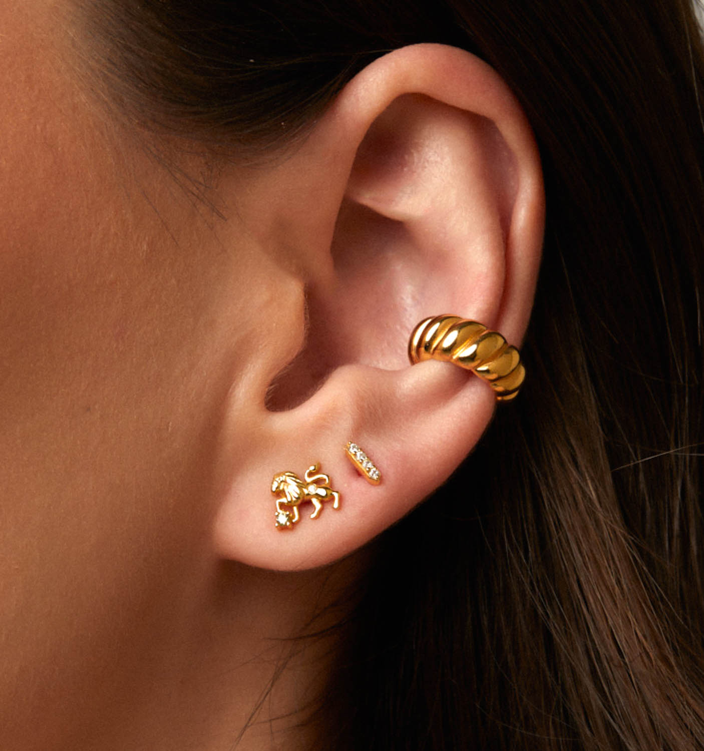 Model wearing leo earrings, stud earrings, and ear cuff