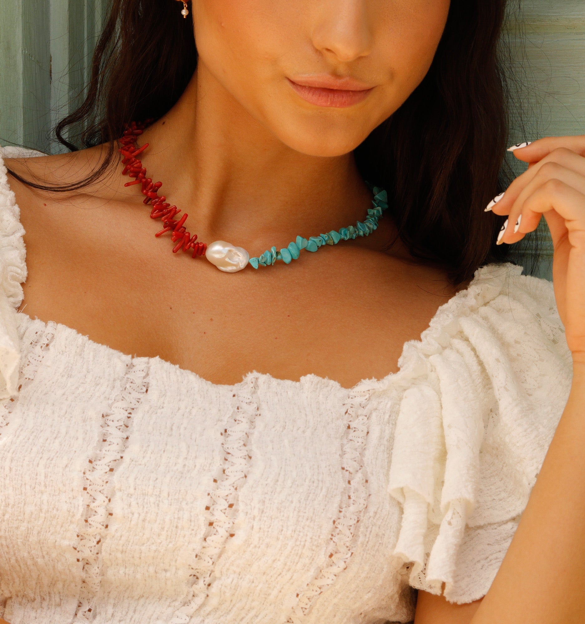Pearl Necklace With Red Agate and Turquoise