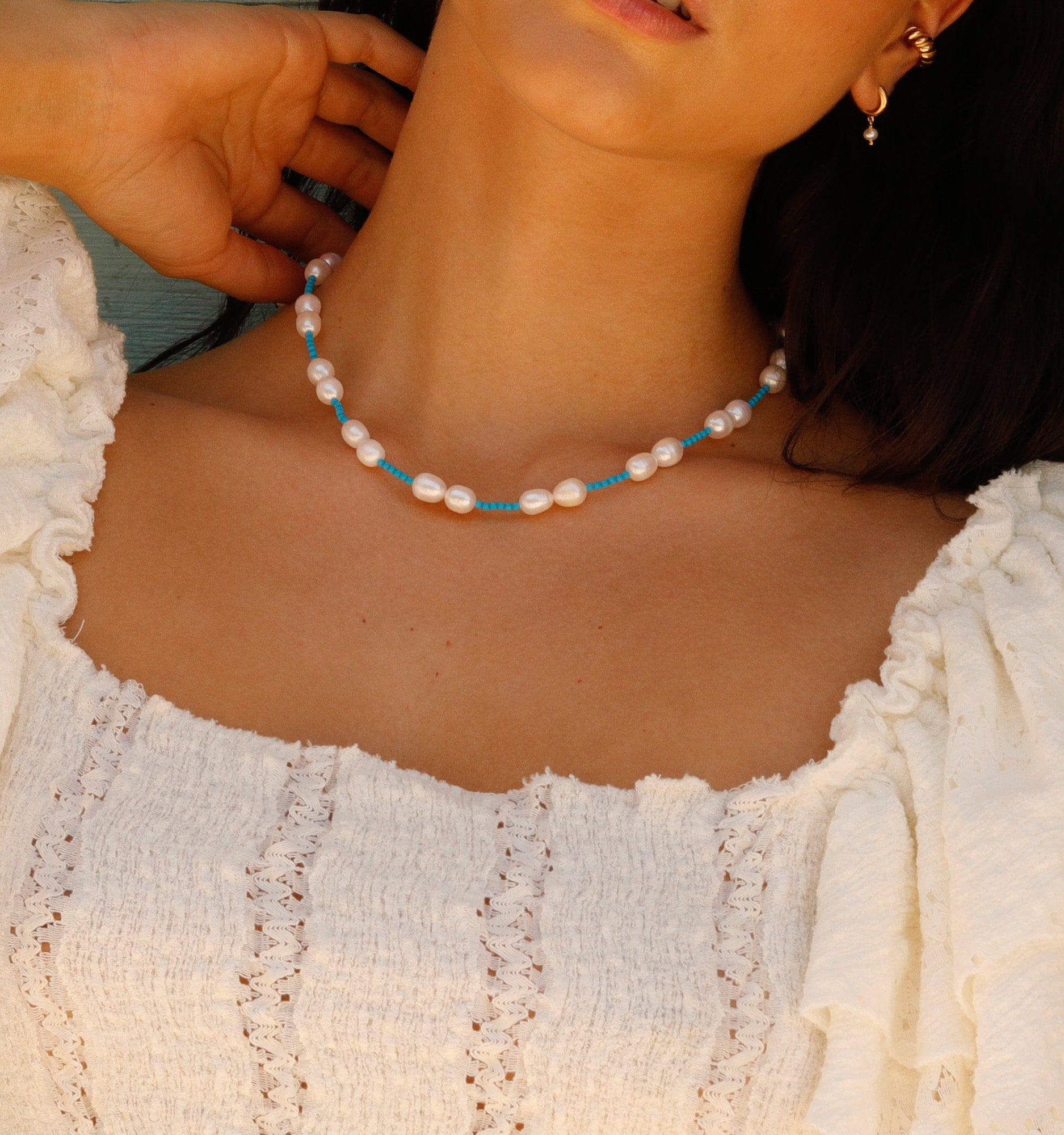 Pearl Necklace With Mini Turquoise