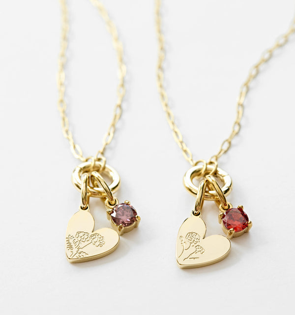 Birth Flower Heart Necklace With Birthstones