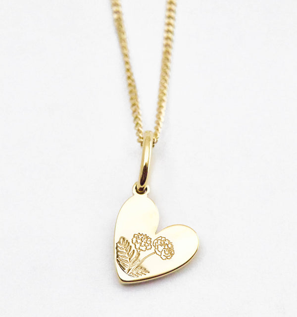 Birth Flower Heart Necklace - Marigold