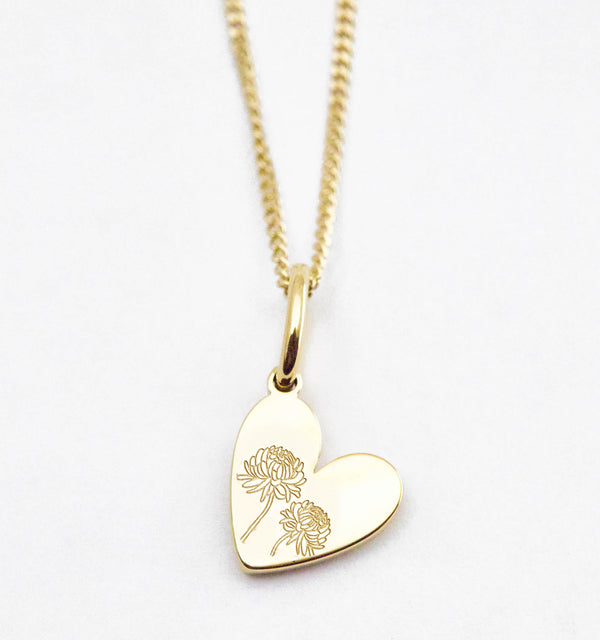 Birth Flower Heart Necklace - Chrysanthemum