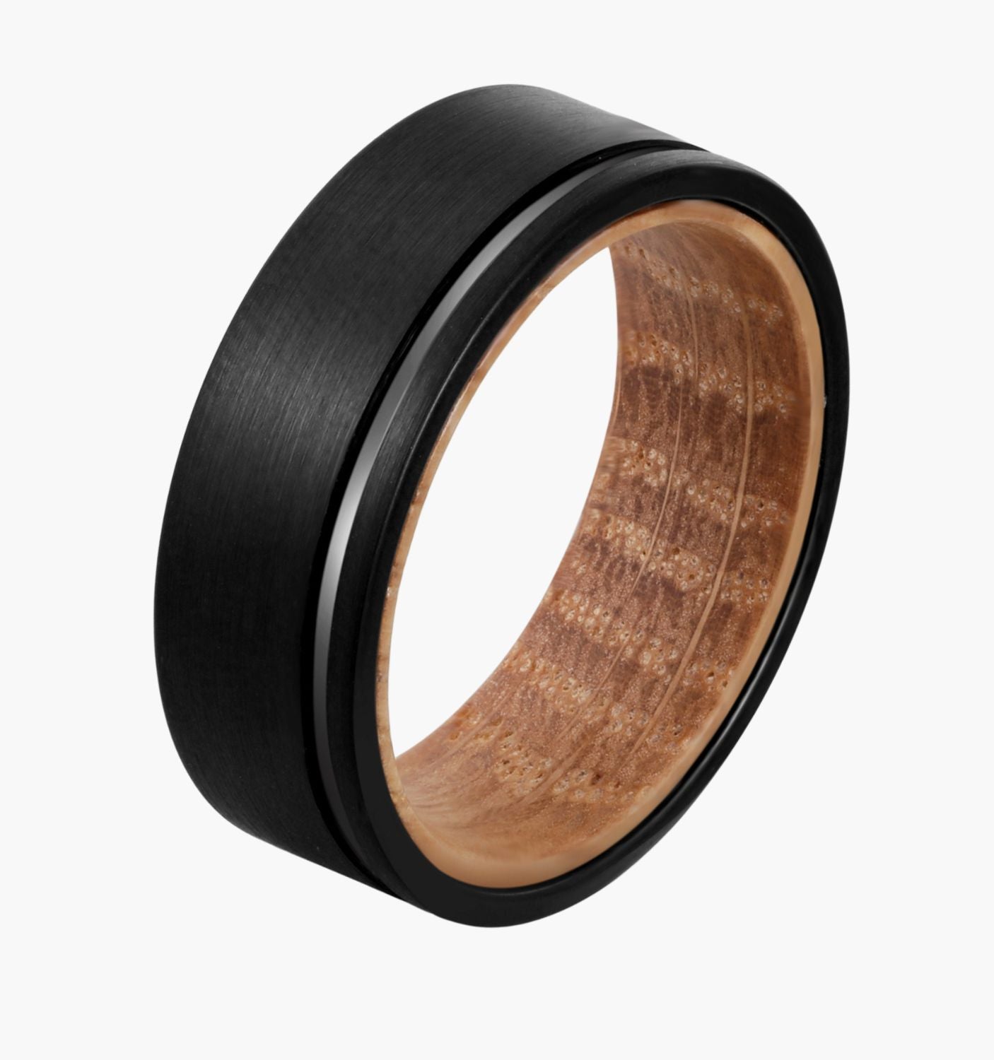 Black with Line and Wood Men's Wedding Ring