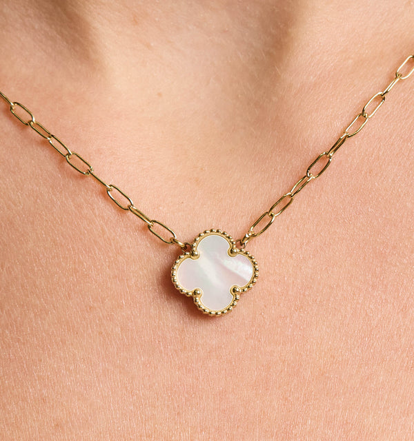 Reversible Clover Necklace - Pearl/Onyx