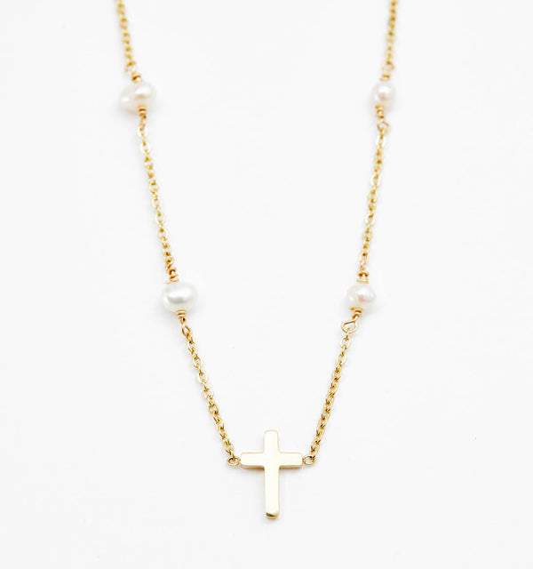 Cross Pearl Link Necklace