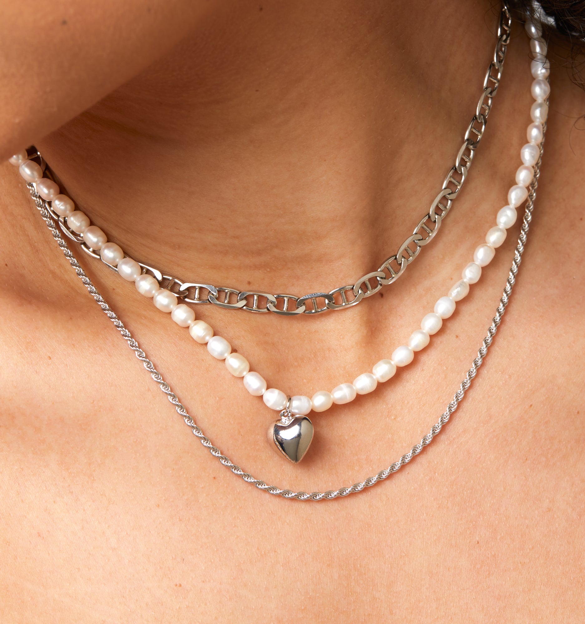 Silver Heart Pearl Necklace