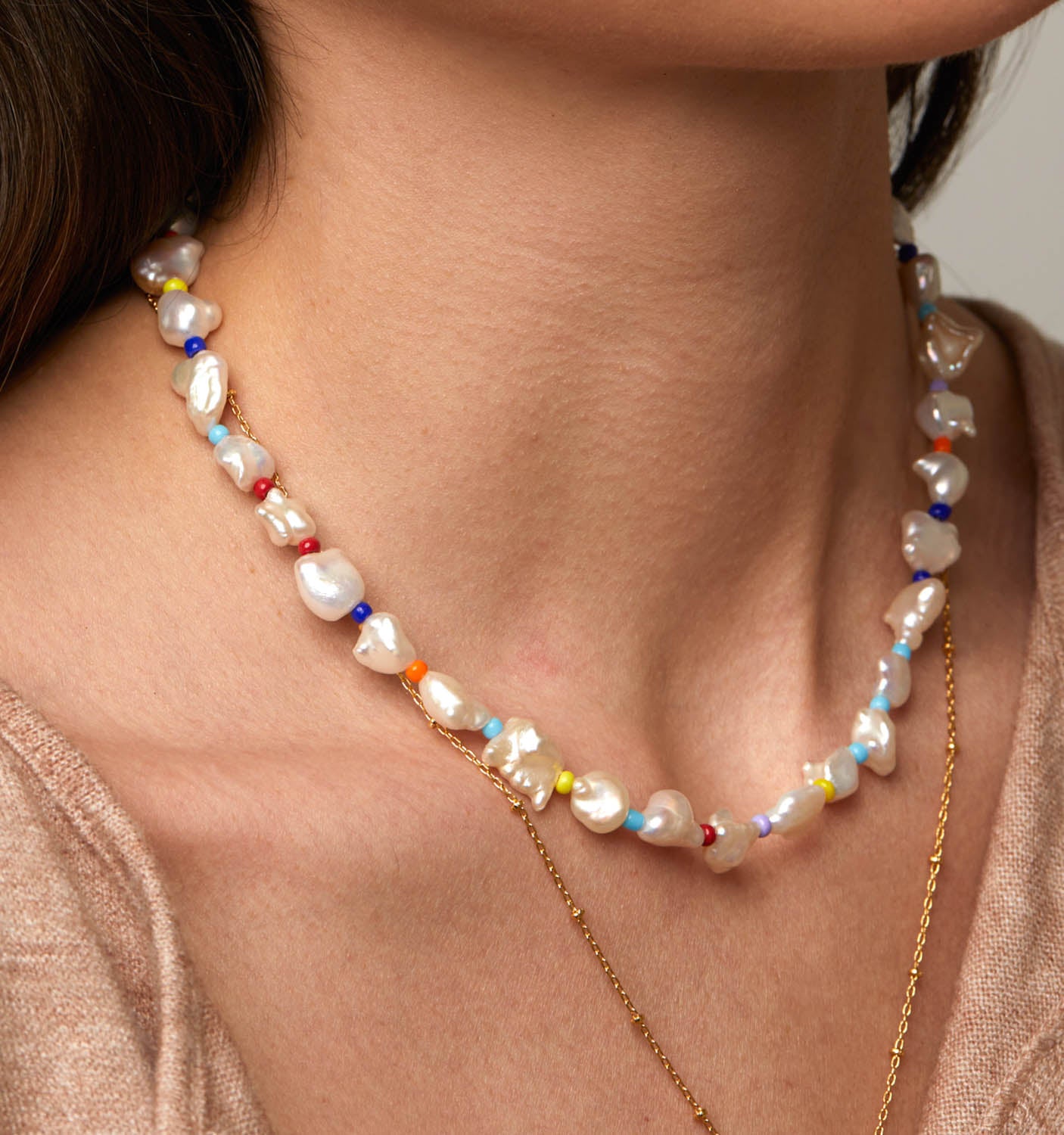 Pearl Necklace With Color Beads