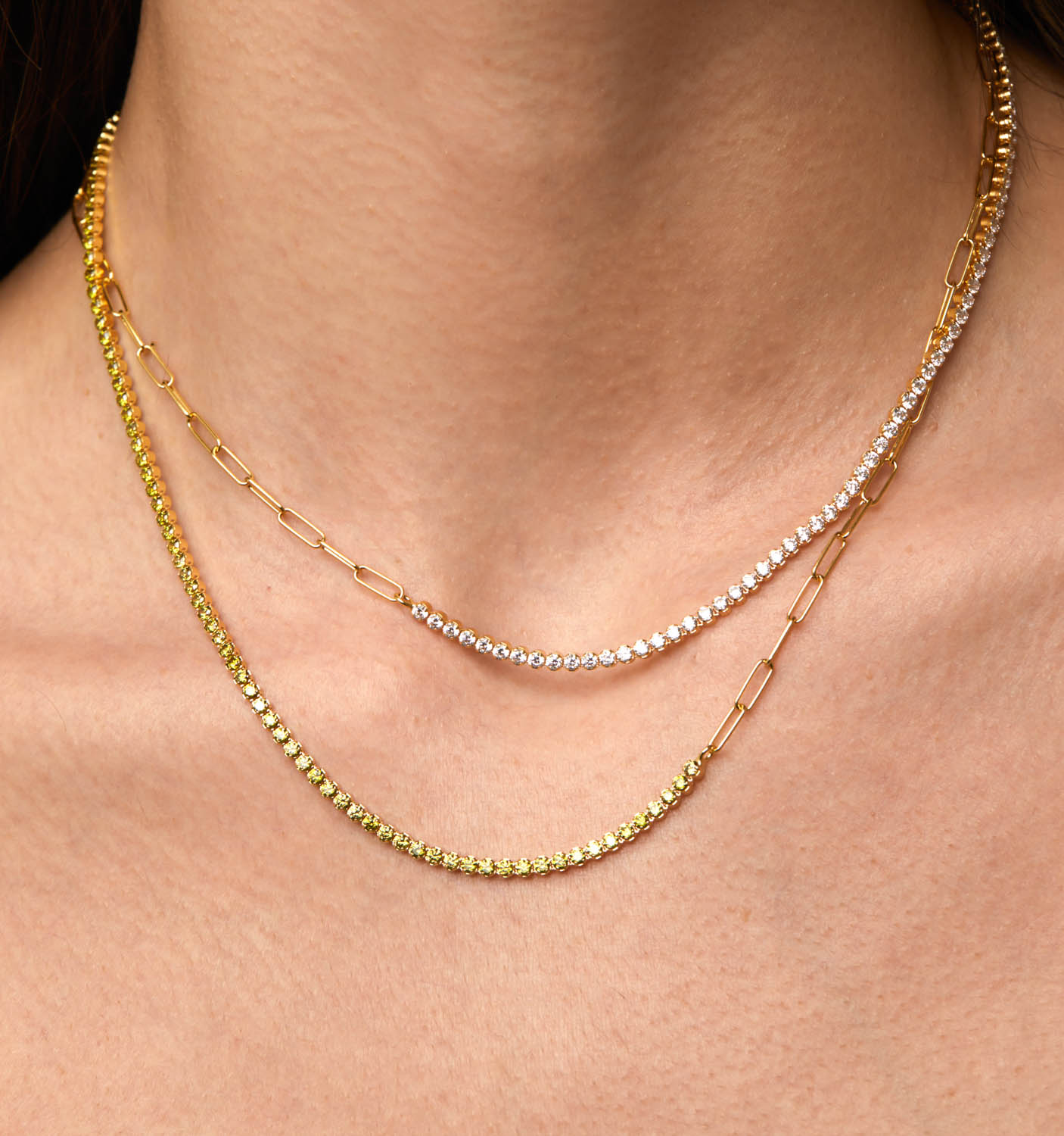 Green Tennis Necklace With Paperclip Chain