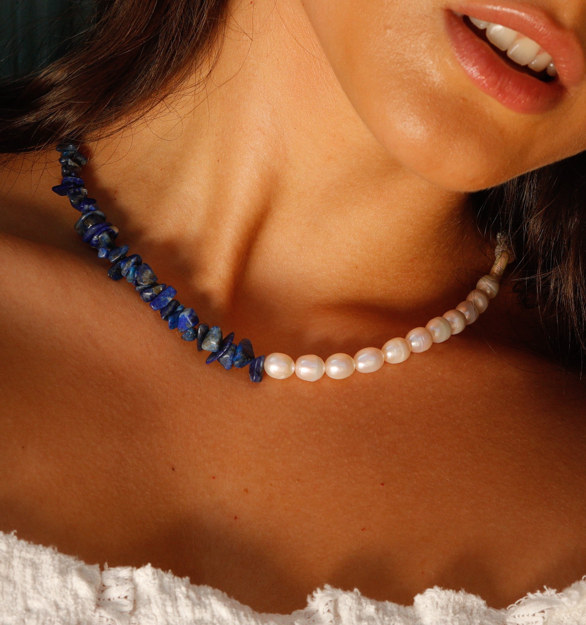 Pearl Choker Necklace With Lapis