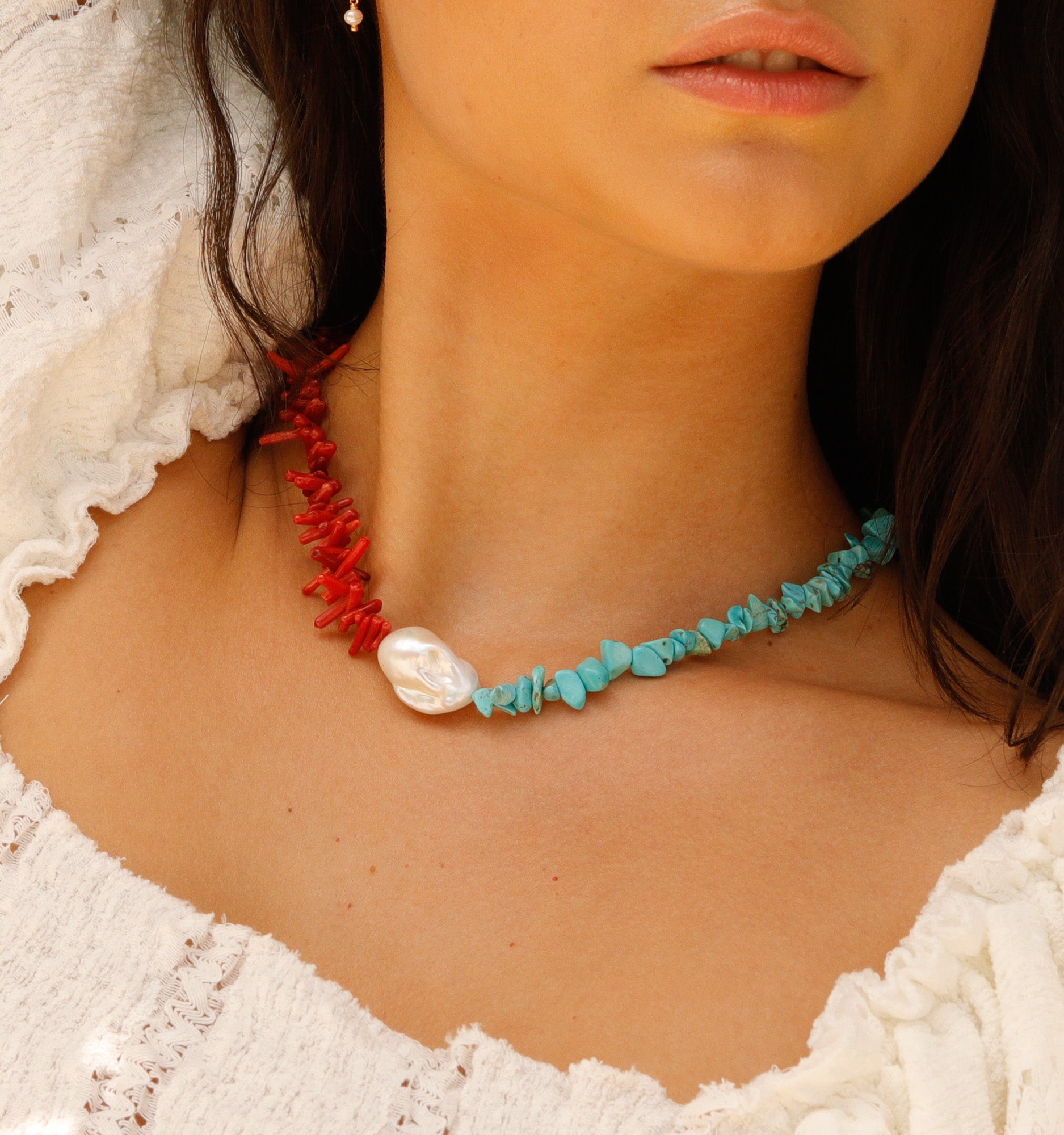 Pearl Necklace With Red Agate and Turquoise