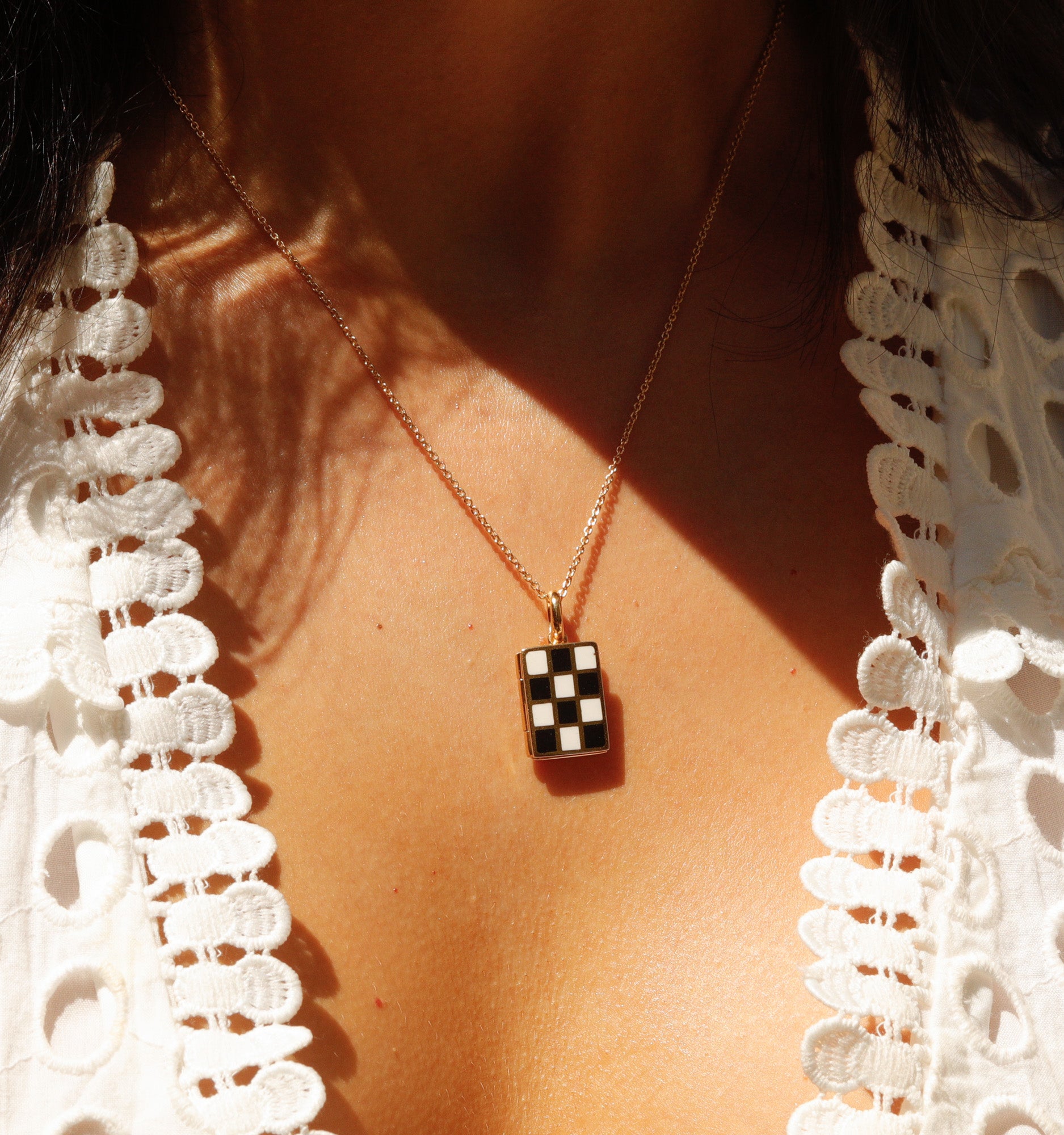 Checker Locket Necklace in Black & White