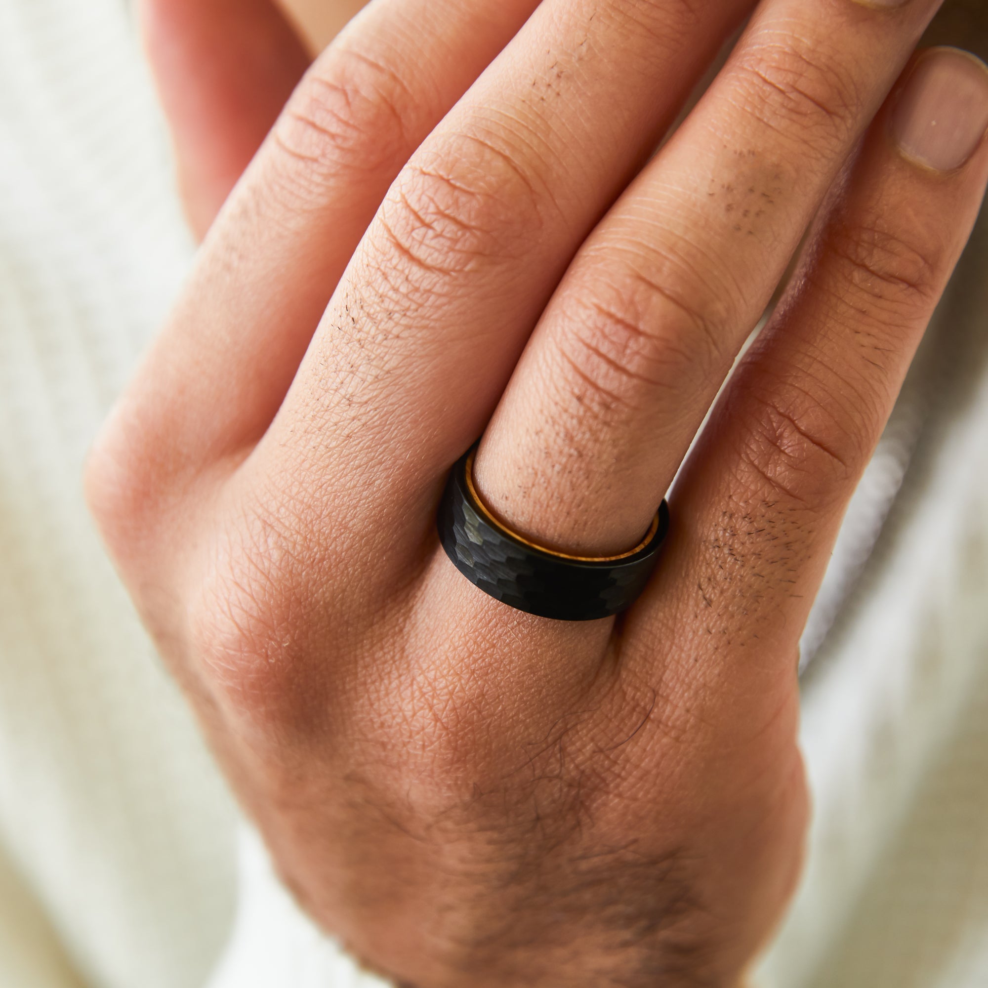 Hammered Black and Wood Men's Wedding Ring