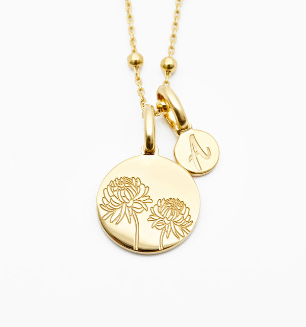 Chrysanthemum Necklace With Initial - November Flower