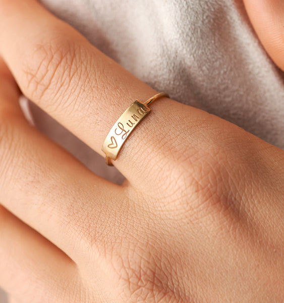 Solid Gold Bar Ring With Engraved Date, Personalized Stacking Ring in 10K,  14K or 18K Yellow gold, Rose Gold or White Gold