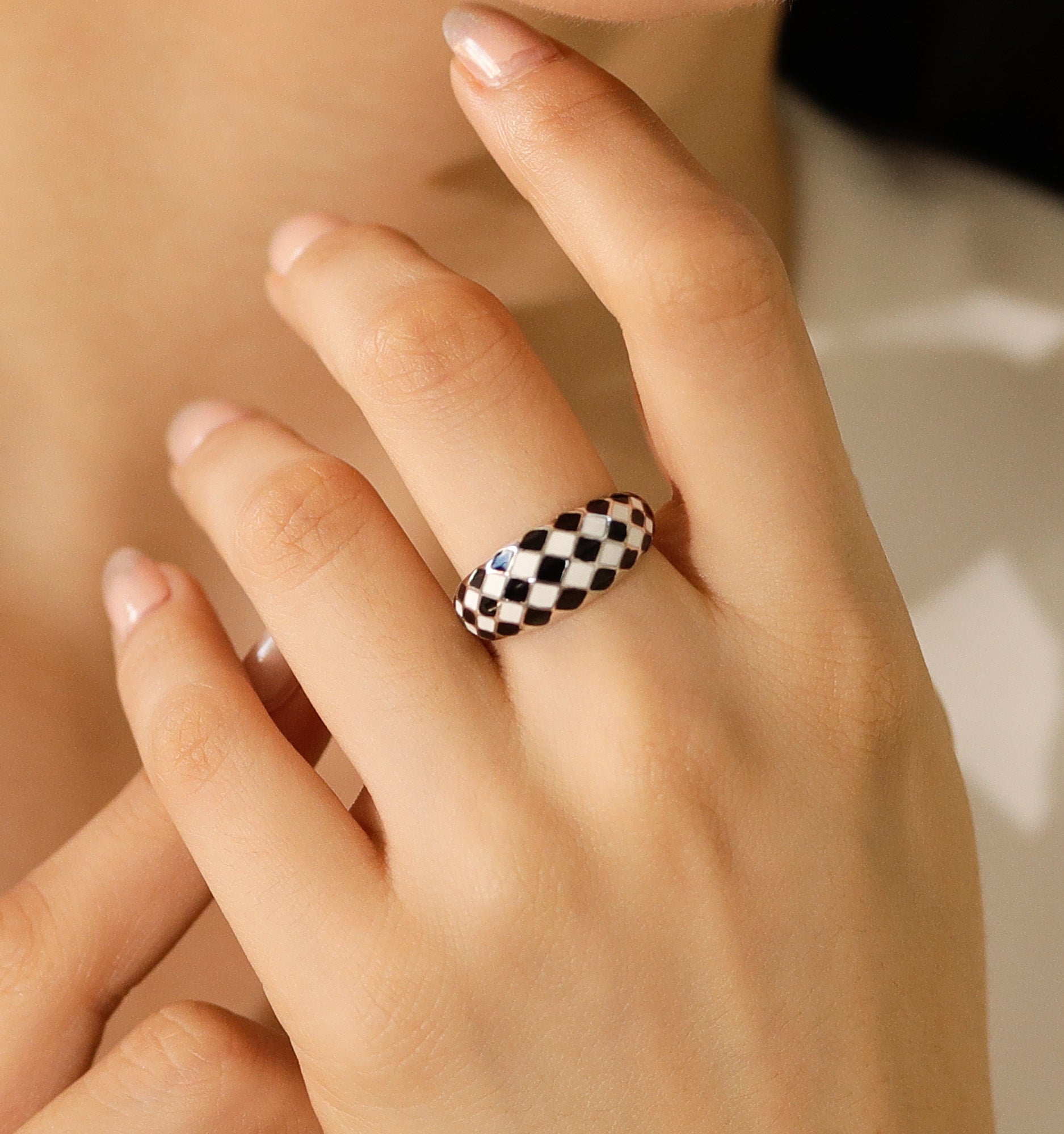 Silver Checker Ring - Black And White
