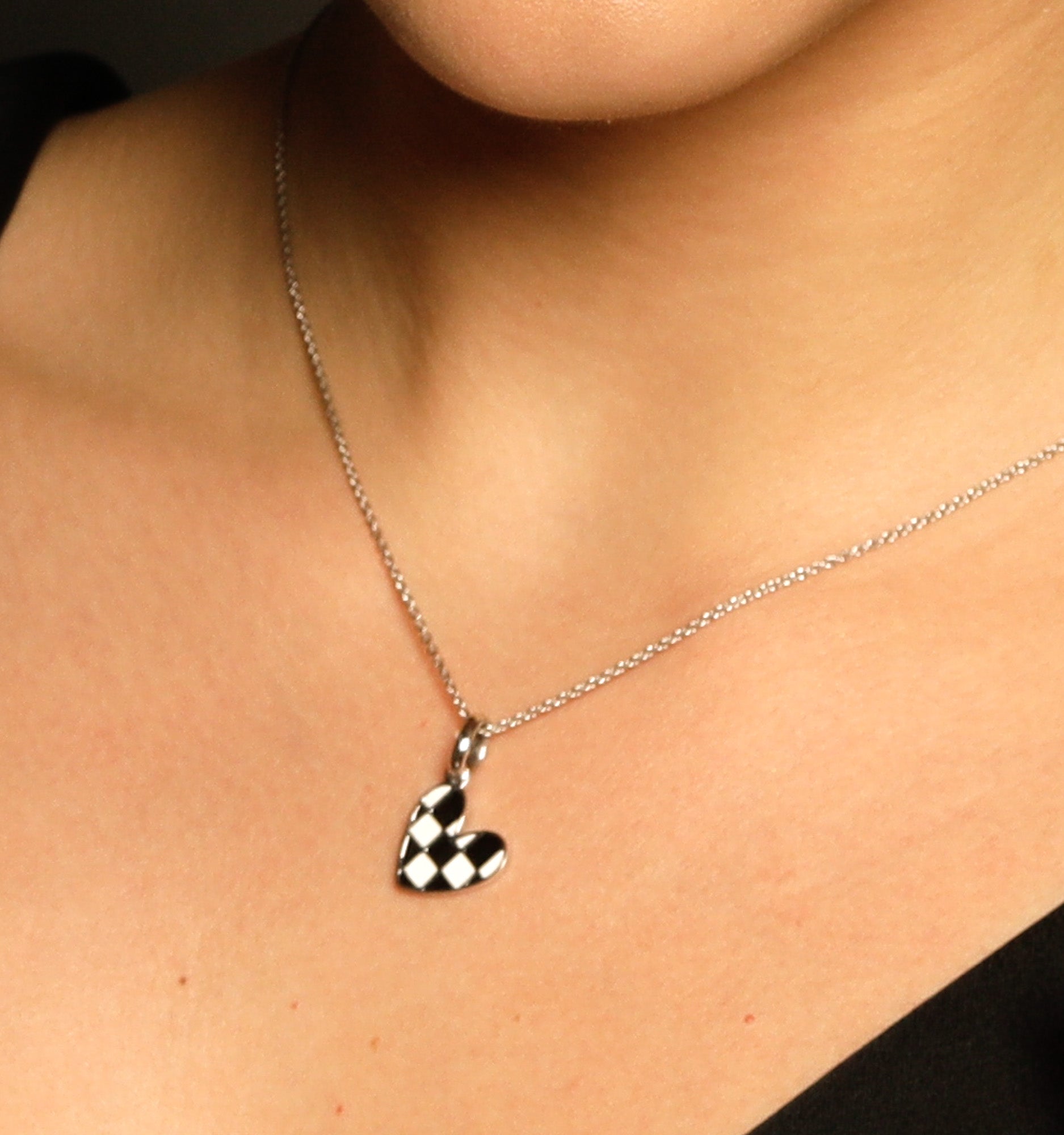 Silver Checker Heart Necklace