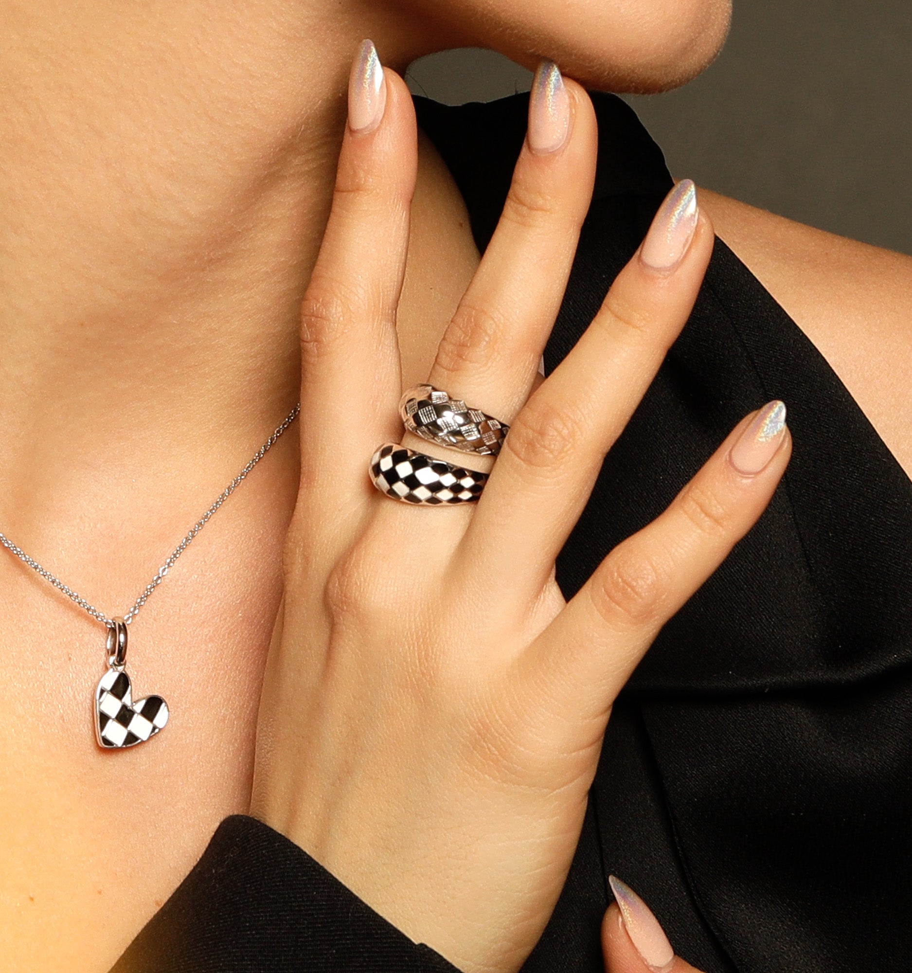 Silver Checker Rings - Set of 2