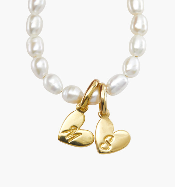 Double Heart Initials Pearl Necklace